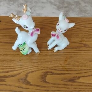 Napco Vintage Porcelain Deer Pair with Gold Accents and Pink Bows